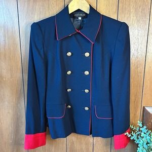 Jules Miller Wool Blazer Jacket Womens 6 Navy Blue‎ Red Trim Gold Button Career